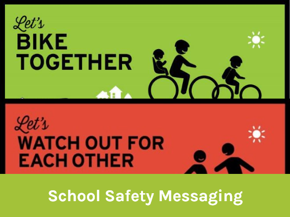 Image of two posters. The poster on top is green and says "Let's bike together" in black letters. The poster on the bottom is red and says "let's watch out for each other" in black letters.